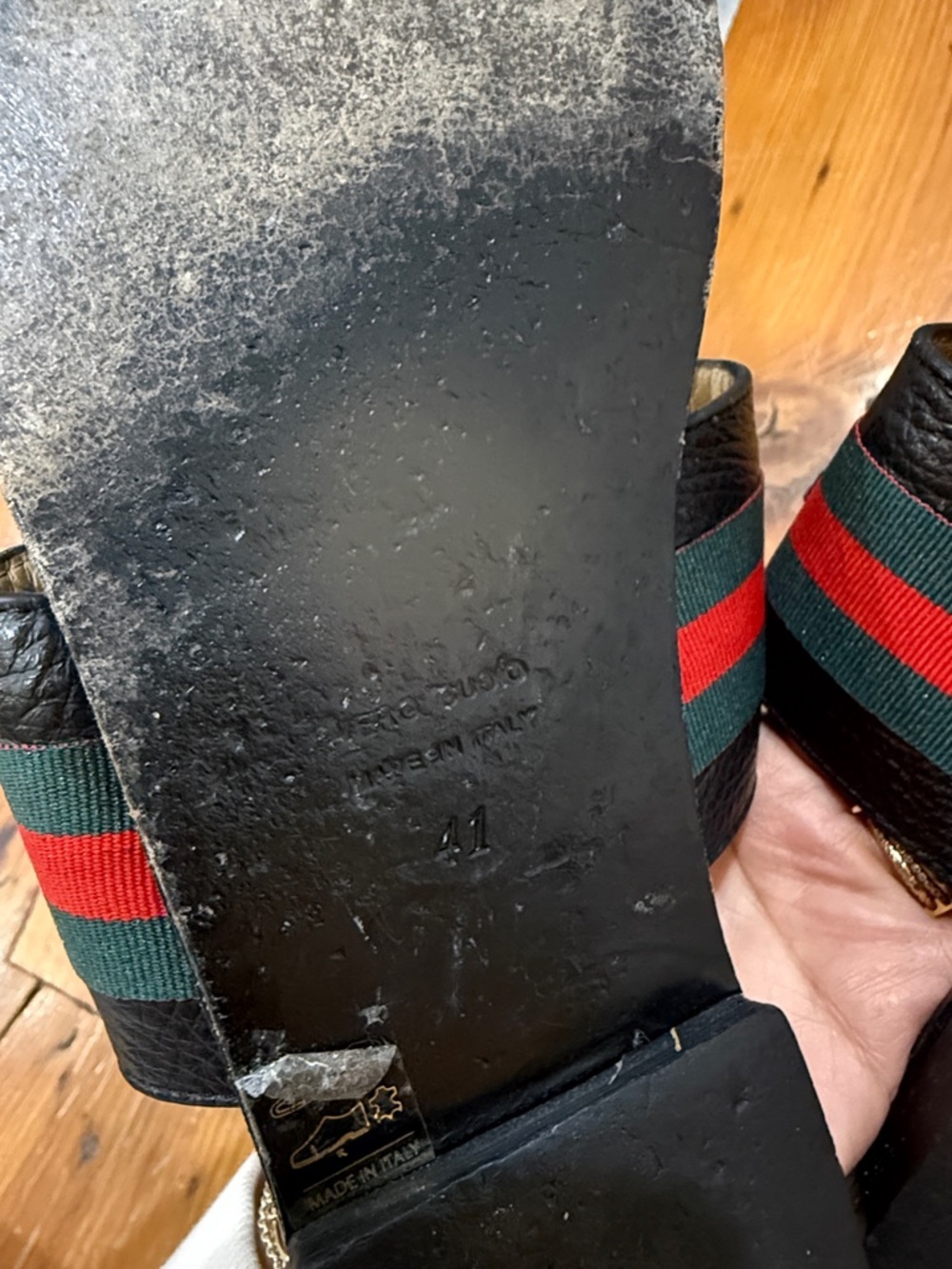 Corsa Roma 9 Montecatini Terme Black Leather Slide Sandals Red and Green Accent - Picture 4 of 7